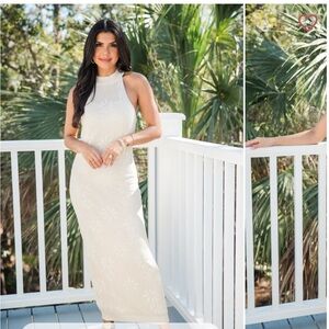 Pink Lily Cream Sequin Halter Maxi Dress